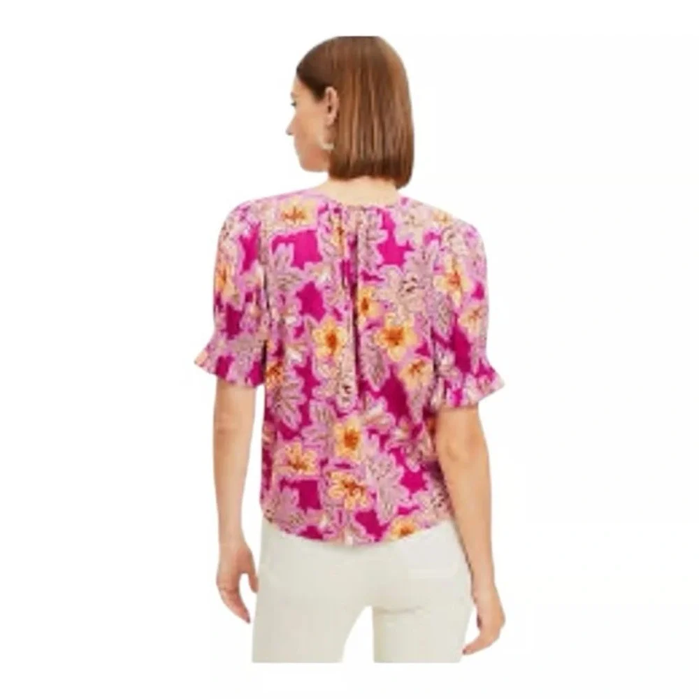 LOFT Floral Button-Front Top Womens S V-Neck Puff Sleeve Cotton